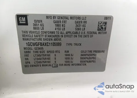 2012 Chevrolet Express 2500 Work Van z USA, uszkodzony, nr VIN 1GCWGFBAXC1105089
